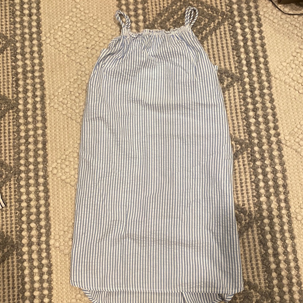 Blue and white striped kids sun dress.